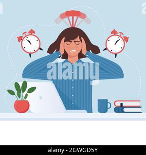 Terminkonzept. Ängstliche Geschäftsfrau am Computer mit Wecker. Vektor-Illustration in Cartoon flachen Stil Stock Vektor