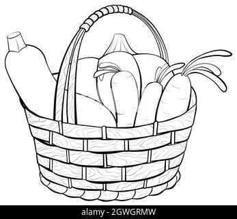 Korb mit Gemüse schwarze Linie monochrome handgezeichnete Vektor-Illustration isoliert auf weiß. Herbst und Ernte. Stock Vektor