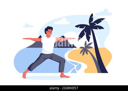 Guy steht in einer Kriegerpose virabhadrasana am Strand. Yoga-Übung im Freien. Mann trainiert allein auf die Natur. Vektor Cartoon Charakter illus Stock Vektor
