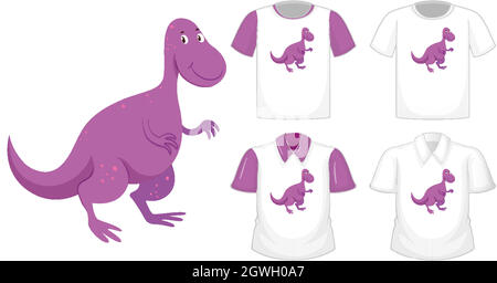 Dinosaur Cartoon-Charakter-Logo auf verschiedenen weißen Hemd mit lila kurzen Ärmeln isoliert auf weißem Hintergrund Stock Vektor