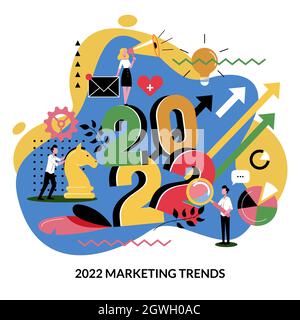 Digital Marketing Trends Business Plan und Strategie für 2022 neues Jahr. Erwartungshaltung und Perspektivenkonzept. Vektor flache Cartoon-Illustration für Web l Stock Vektor