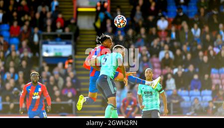 London, Großbritannien. 03. Oktober 2021. Während des Premier League-Spiels zwischen Crystal Palace und Leicester City im Selhurst Park, London, England am 3. Oktober 2021. Foto von Phil Hutchinson. Nur zur redaktionellen Verwendung, Lizenz für kommerzielle Nutzung erforderlich. Keine Verwendung bei Wetten, Spielen oder Veröffentlichungen einzelner Clubs/Vereine/Spieler. Kredit: UK Sports Pics Ltd/Alamy Live Nachrichten Stockfoto