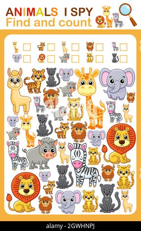 Druckbares Arbeitsblatt für die Buchseite des Kindergartens und der Vorschule, die ich ausspioniere. Zählen Sie Zootiere. Stock Vektor
