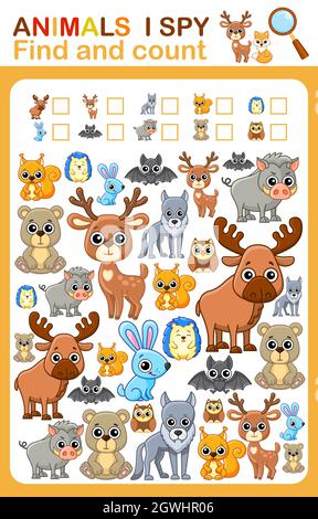 Druckbares Arbeitsblatt für die Buchseite des Kindergartens und der Vorschule, die ich ausspioniere. Zählen Sie wilde Tiere. Stock Vektor