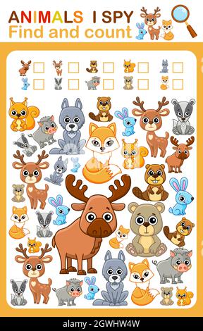 Druckbares Arbeitsblatt für die Buchseite des Kindergartens und der Vorschule, die ich ausspioniere. Zählen Sie wilde Tiere. Stock Vektor
