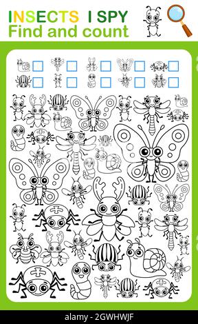 Malbuch Seite spioniere ich. Insekten zählen und färben. Druckbares Arbeitsblatt für Kindergarten und Vorschule Stock Vektor