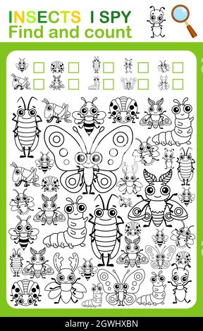 Malbuch Seite spioniere ich. Insekten zählen und färben. Druckbares Arbeitsblatt für Kindergarten und Vorschule Stock Vektor