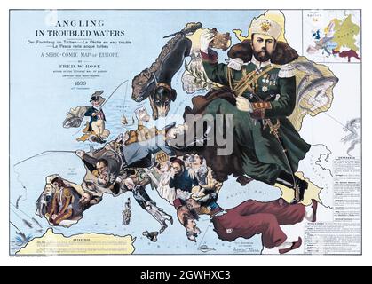 Satirische Karte von Europa - Angeln in unruhigen Gewässern - von Fred W. Rose 1889. Digital verbesserte serio-Comic-Karte. Komische Karte. Stockfoto