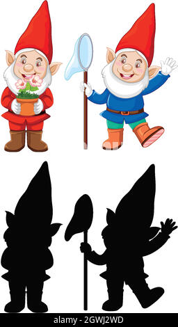 GNOME im weihnachtsmann Kostüm in Farbe und Umriss und Silhouette in Zeichentrickfigur auf weißem Hintergrund Stock Vektor