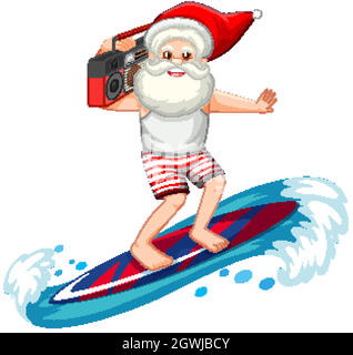 Santa Claus Surfen im Sommer Thema auf weißem Hintergrund Stock Vektor