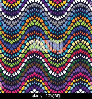 Schöne mehrfarbige gepunktete Streifen im welligen Dessin. Ethnisch-moderner Stil. Geometrisches, nahtlos wiederholtes Muster. Vektorbild. Stock Vektor