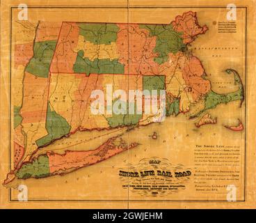 Karte der Shore Line Rail Road Route zwischen New York und Boston. 1860. Walling, Henry Francis, 1825-1888. Stockfoto