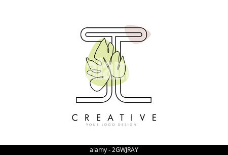 Schwarze Umrisse T Buchstaben Logo Design mit Monstera Blatt eine Linie Zeichnung Vektor Illustration mit minimalistischen Design-Stil von Hand gezeichnet. Stock Vektor