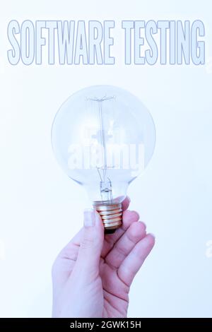 Hand schreiben Zeichen Software-Test. Wort geschrieben auf bewerten die Funktionalität einer Software-Anwendung Handhaltelampe zeigt oder präsentiert neue Stockfoto