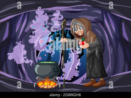 Zauberer oder Hexe mit Zaubertopf und rotem Apfel auf dunkler Höhlenszene Stock Vektor