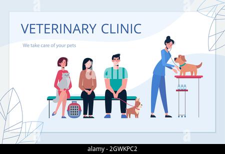 Visitenkarte für die Tierklinik. Illustration mit einem Tierarzt, der sich um den Hund kümmert, und Haustierbesitzern. Vektor im flachen Stil, Banner Stock Vektor