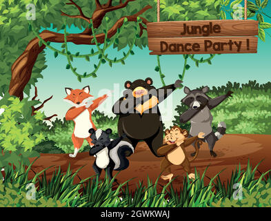 Wild Animals Jungle Dance Party Stock Vektor