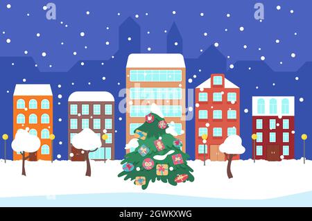 Neujahr und Weihnachten Winter Nacht City Street. Helles Stadtpanorama. Vektorgrafik im flachen Stil Stock Vektor