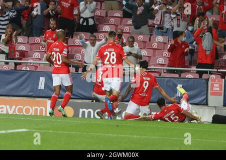 Célébra-Tor Darwin Núñez von SL Benfica während der UEFA Champions League, Gruppenphase, Gruppe E Fußballspiel zwischen SL Benfica und FC Barcelona am 29. September 2021 im Stade de Luz, Lissabon, Portugal - Foto Laurent Lairys / DPPI Stockfoto