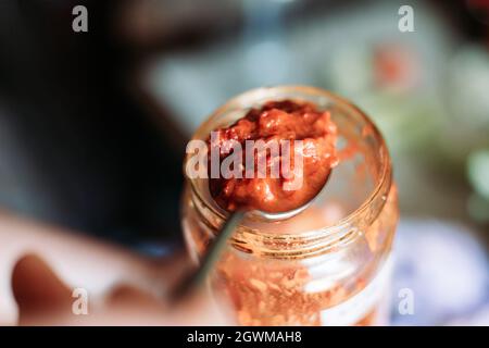 Nahaufnahme von Ajvar im Löffel. Traditionelle serbische Küche Stockfoto