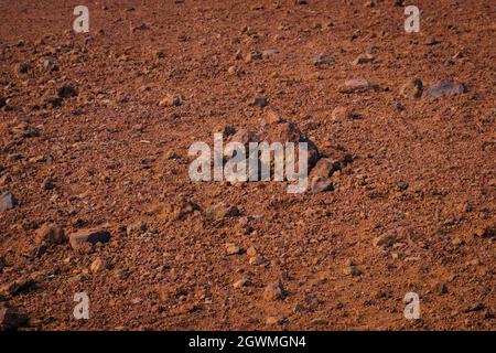 Roter Sand und vulkanische Steine, Kanarenboden aus der Nähe Stockfoto