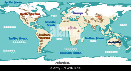 Weltkarte mit Namen der Kontinente und Ozeane Stock Vektor