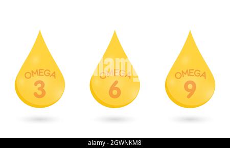 Omega 3, 6, 9, Gold-Symbol. Vitamintropfen Kapsel. Glänzendes goldenes Essenz Tröpfchen. Vektorgrafik. Stock Vektor