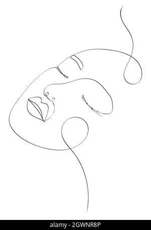 Frau Gesicht kontinuierliche Linienzeichnung. Abstraktes, minimalistisches Frauenporträt. Logo, Symbol, Etikett. Stock Vektor