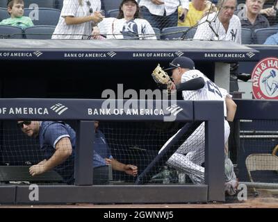 Bronx, Usa. Oktober 2021. New York Yankees Gio Urshela macht einen Running Catch auf einen Ball für eine out, bevor sie weiter und fallen in die Tampa Bay Rays Dugout in der 6. Inning im Yankee Stadium am Sonntag, 3. Oktober 2021 in New York City. Foto von John Angelillo/UPI Credit: UPI/Alamy Live News Stockfoto