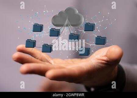 Eine Person, die eine 3D-gerenderte Projektion von Cloud-Speicher präsentiert Stockfoto