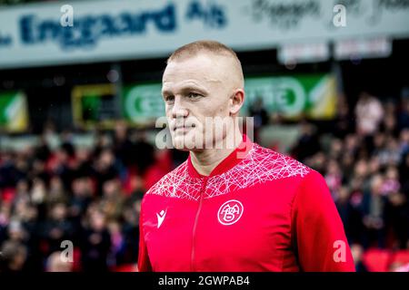 Aalborg, Dänemark. Oktober 2021. Rasmus Thelander von der AAB steigt in das 3F Superliga-Spiel zwischen Aalborg Boldklub und Soenderjyske im Aalborg Portland Park in Aalborg ein. (Foto: Gonzales Photo/Alamy Live News Stockfoto