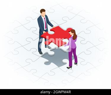Isometrische Teamarbeit mit Puzzle, Teamarbeit, Kooperation, Partnerschaftskonzept. Zusammenarbeit, Einheit als Puzzle. Lösung und Erfolg. Stock Vektor