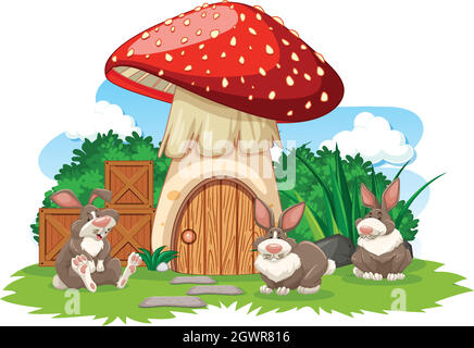Pilzhaus mit drei Kaninchen Cartoon-Stil auf weißem Hintergrund Stock Vektor