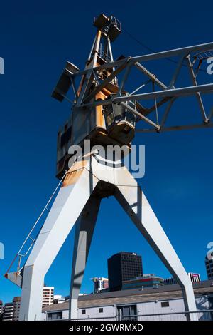 Historischer Kran auf Queens Wharf, Wellington, Nordinsel, Neuseeland Stockfoto