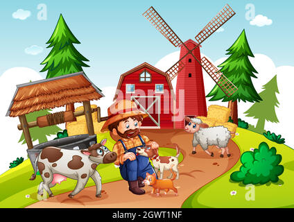 Farmer mit Tierfarm in Farmszene im Cartoon-Stil Stock Vektor