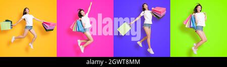 Junge Frau Einkaufstaschen tragen und springen Stockfoto