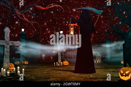 Ein Todesengel auf dem Friedhof mit einer Sense im Nachthintergrund - 3d-Rendering Stockfoto