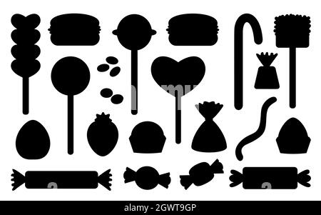 Süßwaren, Marschmalven, harte Süßigkeiten auf Stick, Dragee, Makronen, Gelee-Wurm, Schokoladenherz, Erdbeere, Silhouette schwarz gesetzt. Flach und im Cartoon-Stil. Verschiedene Bonbon isoliert auf weißem Hintergrund Stock Vektor