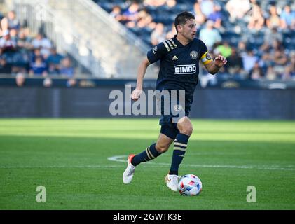 Chester, Pennsylvania, USA. Oktober 2021. 3. Oktober 2021, Chester PA- Philadelphia Union Spieler und Kapitän, ALEJANDRO BEDOYA (11) im Einsatz gegen die Columbus Crew während des Spiels im Subaru Park, (Bildnachweis: © Ricky Fitchett/ZUMA Press Wire) Bildnachweis: ZUMA Press, Inc./Alamy Live News Stockfoto