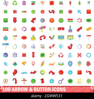 100 Pfeil und Schaltflächensymbole, Cartoon Stil Stock Vektor