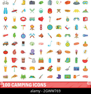 100 camping Icons set, cartoon-Stil Stock Vektor