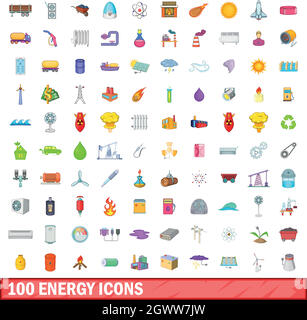 100 Energie-Symbole gesetzt, cartoon-Stil Stock Vektor