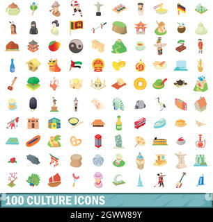 100 Kultur Symbole, Cartoon Stil Stock Vektor