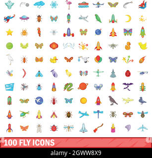 100 fliegen Icons Set, Cartoon-Stil Stock Vektor