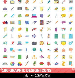 100 Graphic Design-Ikonen stellen, cartoon-Stil Stock Vektor