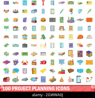 100 Projekt Planung Symbole, Cartoon-Stil Stock Vektor