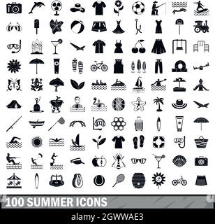 100 Sommer Symbole in einem einfachen Stil eingerichtet Stock Vektor