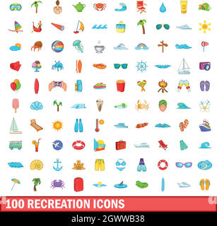 100 Erholung Icons set, cartoon-Stil Stock Vektor