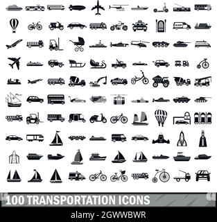 100 Transport Icons in einem einfachen Stil eingerichtet Stock Vektor
