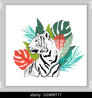 Karte schwarz und weiß Tiger und Palmblätter. Vektorgrafik. Stock Vektor